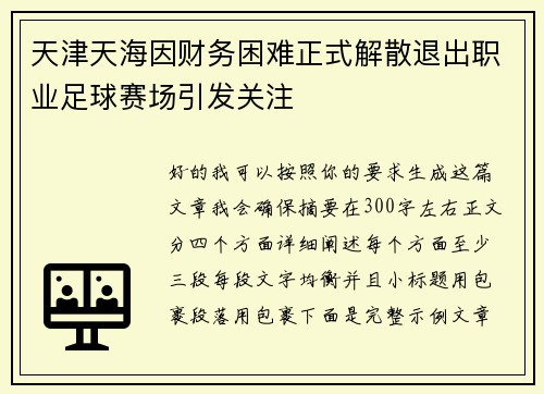 天津天海因财务困难正式解散退出职业足球赛场引发关注 天津天海因财务困难正式解散退出职业足球赛场引发关注
