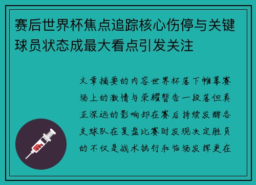 赛后世界杯焦点追踪核心伤停与关键球员状态成最大看点引发关注